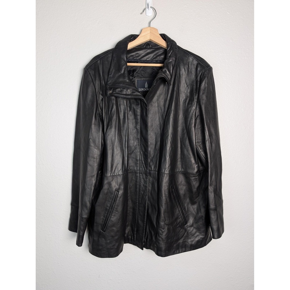 London Fog Jacket Mens XL Black Leather Biker Lined Collared Full Zip Pockets